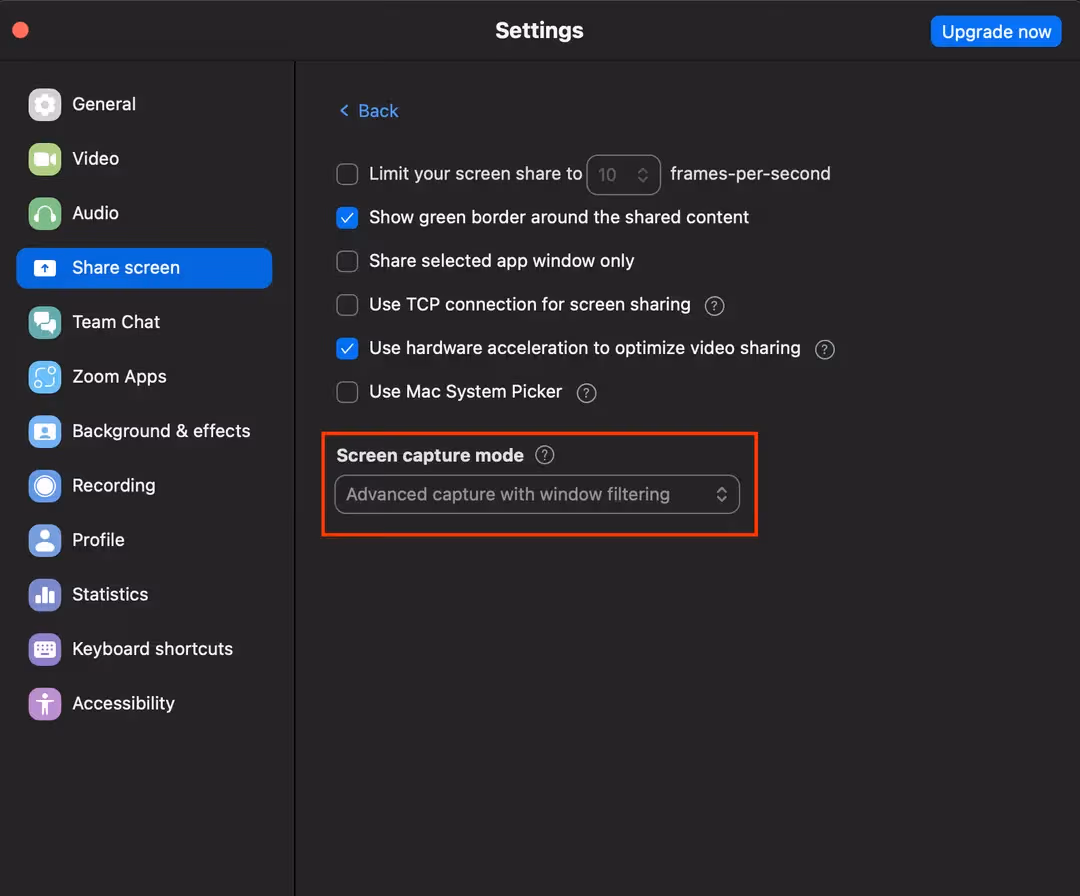 Zoom screen capture setup guide showing Advanced capture with window filtering setting